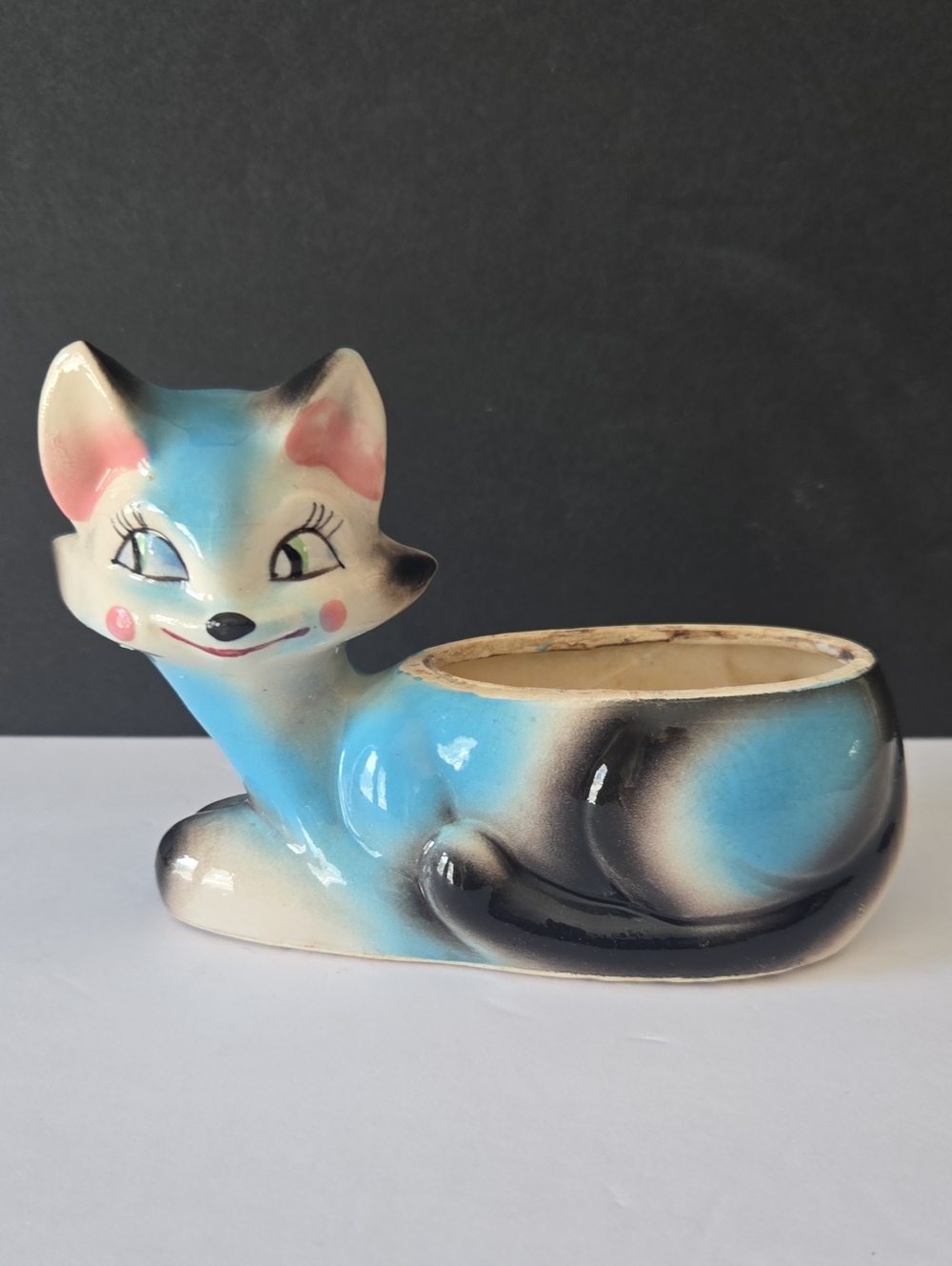 Vintage Japan Blue Ceramic Smirking Cat Planter